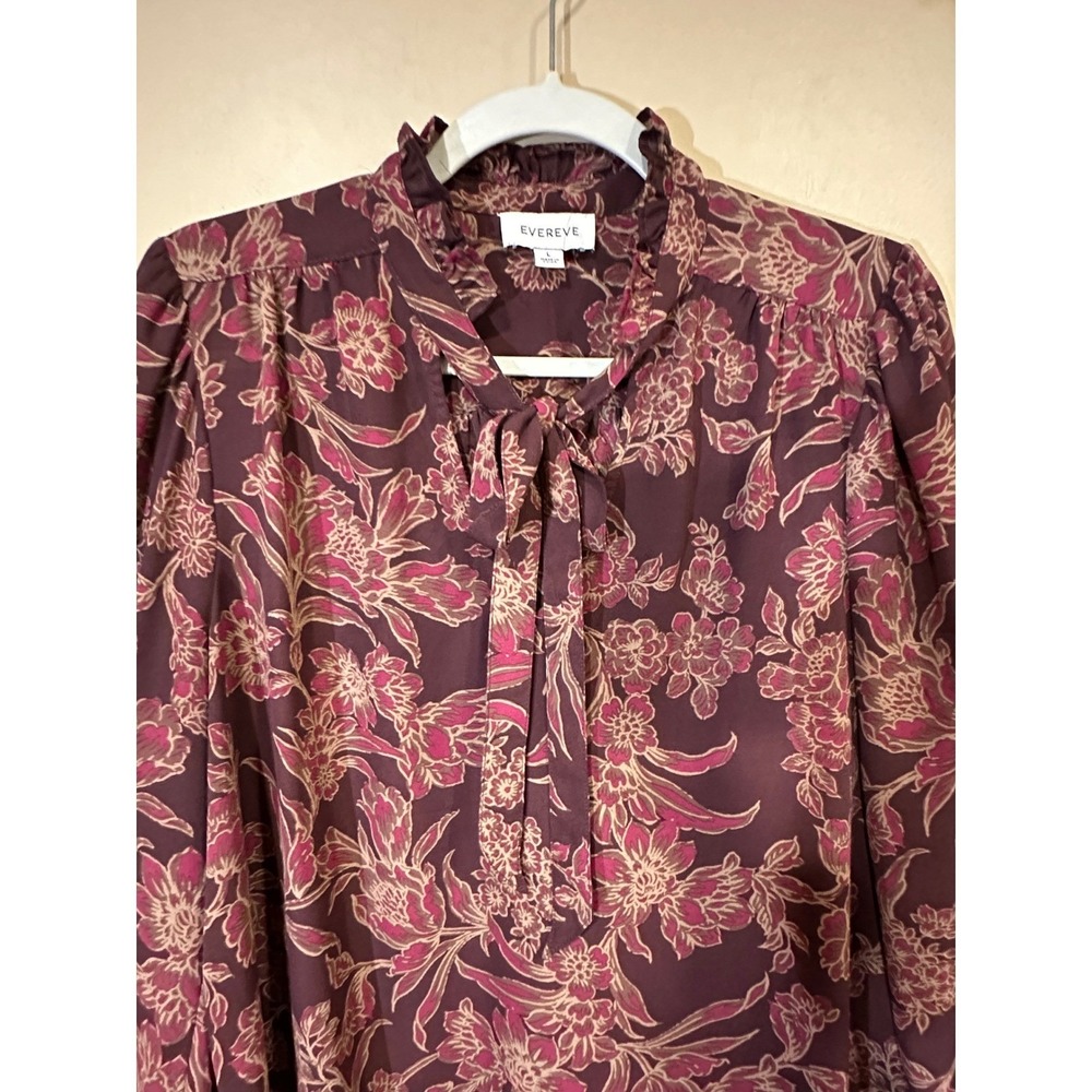 Evereve Womens Floral Tie Neck Ruffle Blouse Burgundy Large Boho Feminine - Picture 4 of 8